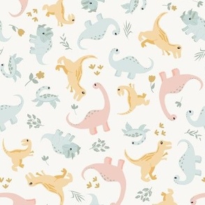 Dinosaurs in pastel tones / medium / cute kids dinos for boys and girls featuring a t rex, triceratops, brontosaurus, raptor and an allosaurus