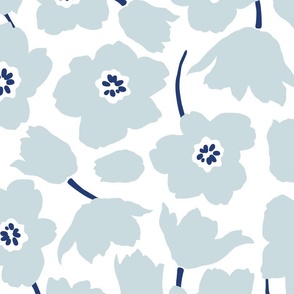 tulip floral in mist grey blue and indigo blue on white large 200