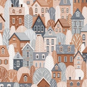 Fall houses and trees in ochre brown, terracotta red, slate grey and pink | small
