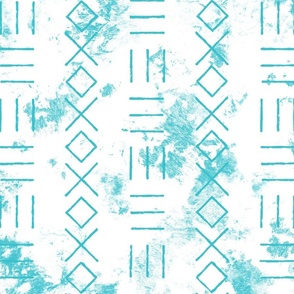 Mud cloth 234 lines in sea blue turquoise distressed on white ground 24