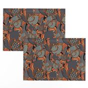 Abstract flowers, Dark gray with terracotta on a gray background