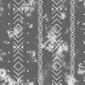 Mud cloth chevrons and diamonds in charcoal grey and white distressed 24