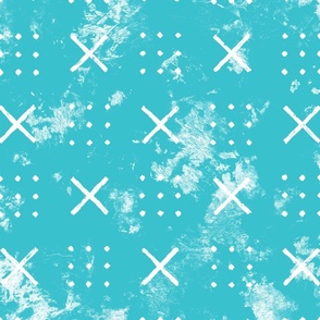Mud cloth x's and dots in sea blue turquoise and white distressed texture 24