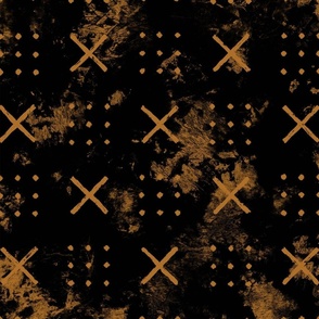Mud cloth x's and dots in toffee on black distressed 24