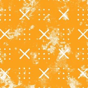 Mud cloth x's and dots in yellow ochre and white distressed texture 24