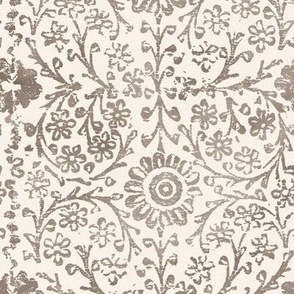 Indian Woodblock in Fawn on Cream (xl scale) | Vintage print in faded taupe on warm cream linen texture, rustic block print, hand printed pattern in natural umber brown and cream.