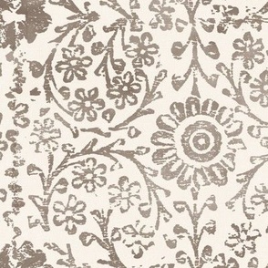 Indian Woodblock in Fawn on Cream (xxl scale) | Vintage print in faded taupe on warm cream linen texture, rustic block print, hand printed pattern in natural umber brown and cream.