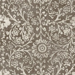 Indian Woodblock in Cream on Fawn (xl scale) | Vintage print in warm cream on faded taupe linen texture, rustic block print, hand printed pattern in natural umber brown and cream.