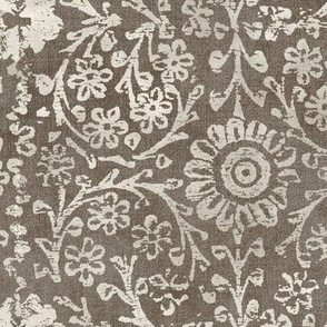 Indian Woodblock in Cream on Fawn (xxl scale) | Vintage print in warm cream on faded taupe linen texture, rustic block print, hand printed pattern in natural umber brown and cream.