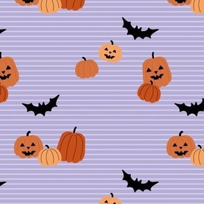 Pumpkins and bats cutsie halloween on stripes purple lilac