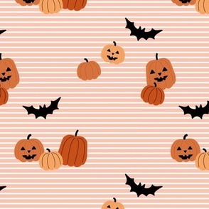 Pumpkins and bats cutsie halloween on stripes blush orange