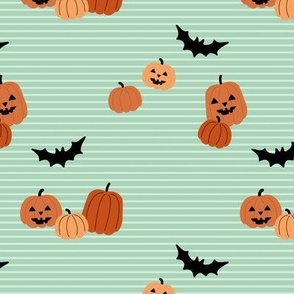 Pumpkins and bats cutesie halloween on stripes mint green sage