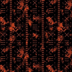 Mud cloth x's and dashes in orange on black distressed texture 12