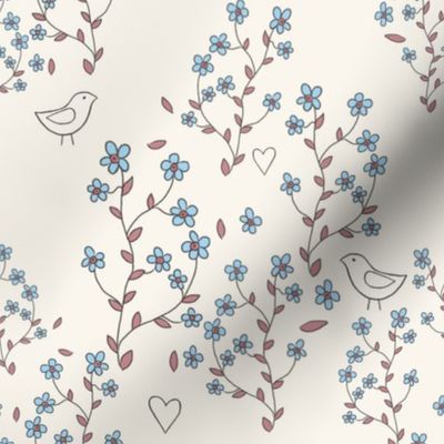 forget-me-nots with birds on cream