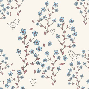 forget-me-nots with birds on cream