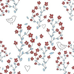 red forget-me-nots with birds on white