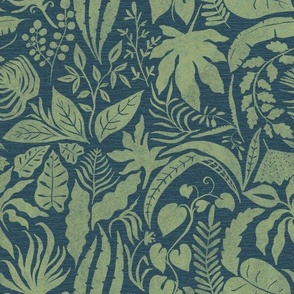 Pieces of Jungle  Tropical in Blue and Green - 12 inch repeat 