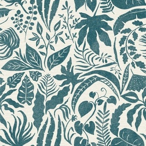 Pieces of Jungle Tropical in Teal Green and linen - 12 inch repeat