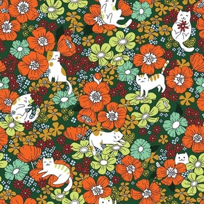 cutest cats with flowers pattern on green