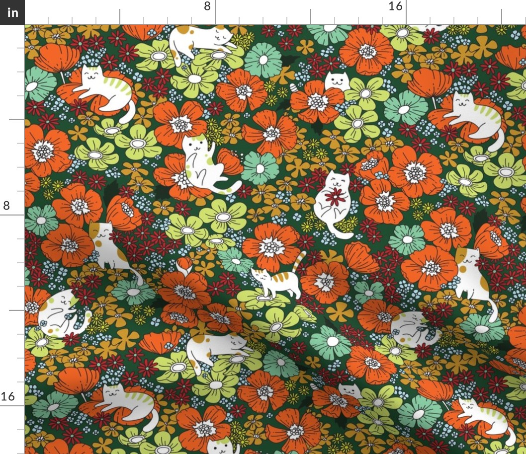 cutest cats with flowers pattern on green