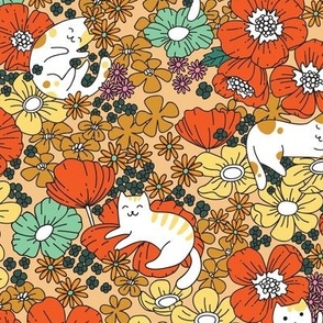 cute cat with flowers beige pattern