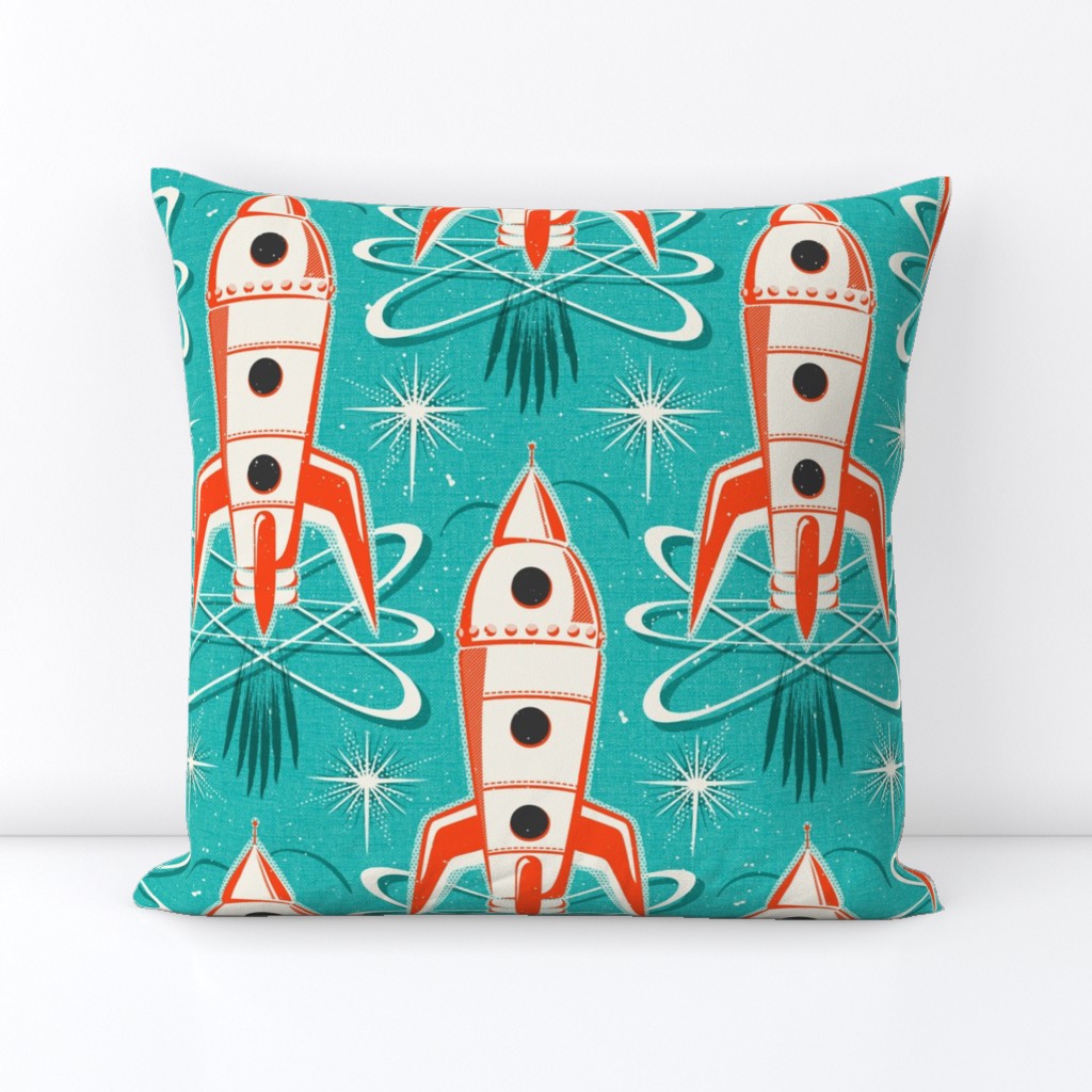 Blast Off - Retro Rockets Textured Aqua Large Scale