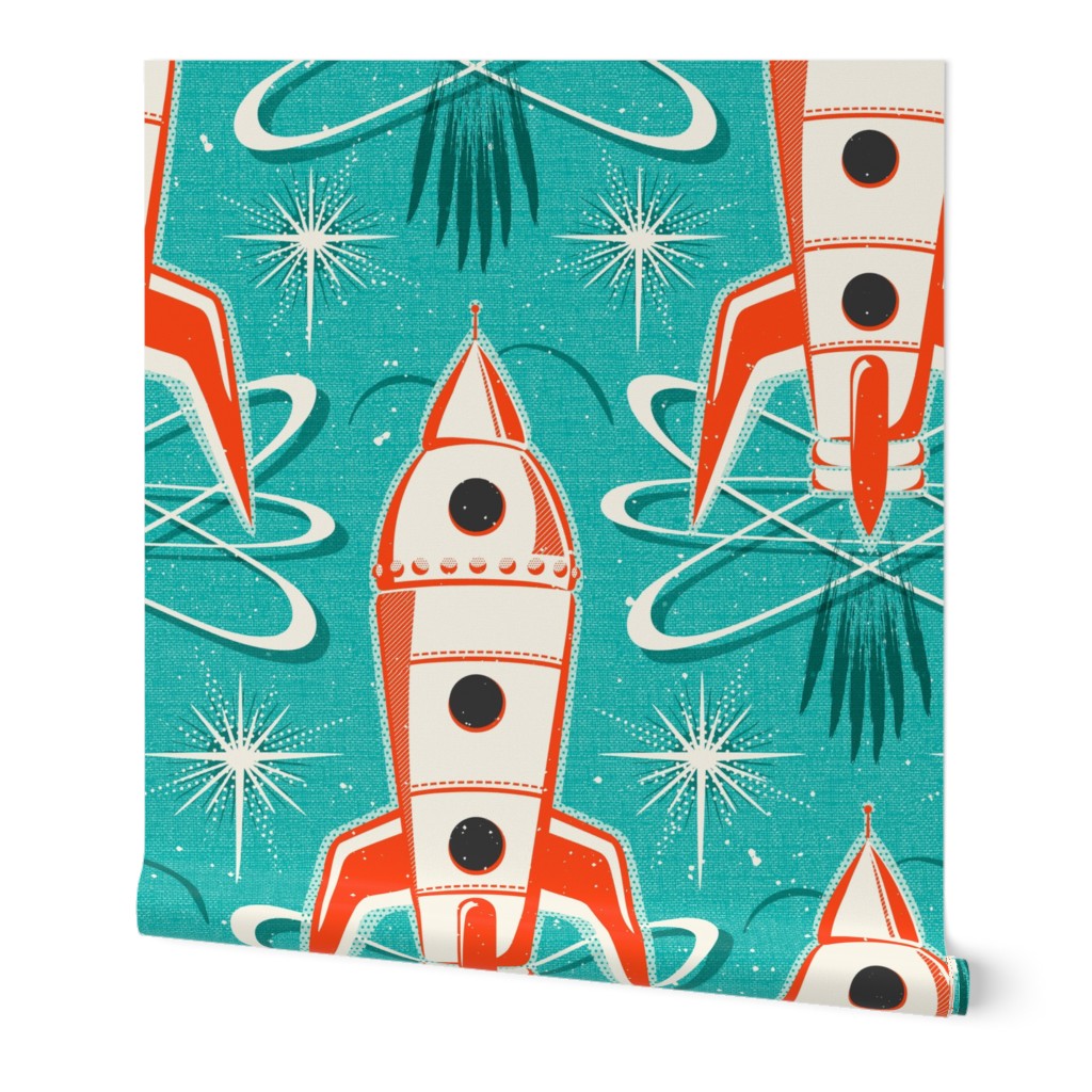 Blast Off - Retro Rockets Textured Aqua Large Scale