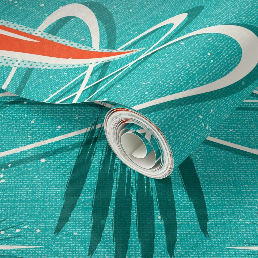 Blast Off - Retro Rockets Textured Aqua Large Scale