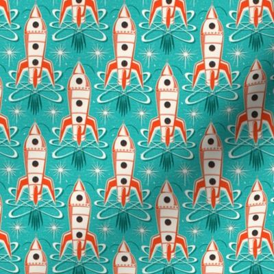 Blast Off - Retro Rockets Textured Aqua Small Scale