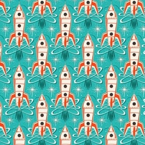 Blast Off - Retro Rockets Textured Aqua Small Scale