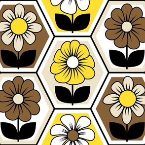 70s Retro Flower Hexagon Geometric // Yellow, Brown, Khaki Tan, Black and White // V1 // 515 DPI