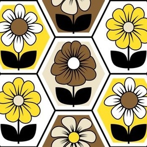 70s Retro Flower Hexagon Geometric // Yellow, Brown, Khaki Tan, Black and White // V2 // 1029 DPI