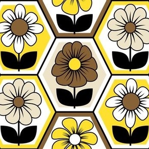 70s Retro Flower Hexagon Geometric // Yellow, Brown, Khaki Tan, Black and White // V3 // 1029 DPI