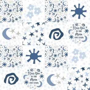 Bigger Scale Patchwork 6" Squares I Love You To The Moon and Back Nursery Stars Sunshine Denim Boy Blues Boho Baby