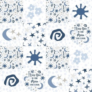 Smaller Scale Patchwork 3" Squares I Love You To The Moon and Back Nursery Stars Sunshine Denim Boy Blues Boho Baby
