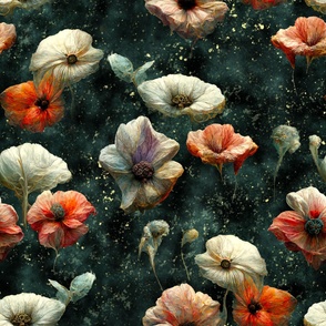 Moody aged flowers on teal background with golden glitter