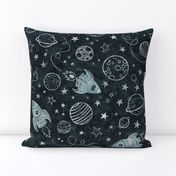 space travels - watercolor background - colored chalk rockets