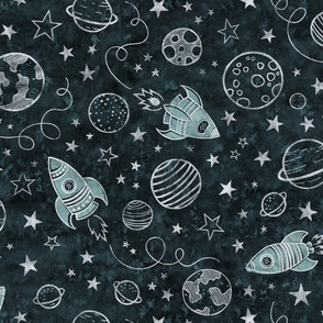 space travels - watercolor background - colored chalk rockets