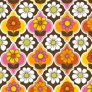 70s Retro Floral Quatrefoil // Fuchsia Pink, Orange, Yellow, Red, Green, Dark Brown, White // 400 DPI