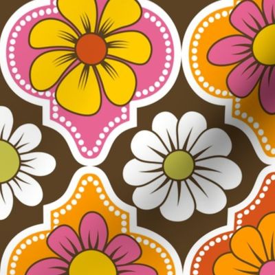 70s Retro Floral Quatrefoil // Fuchsia Pink, Orange, Yellow, Red, Green, Dark Brown, White // 400 DPI