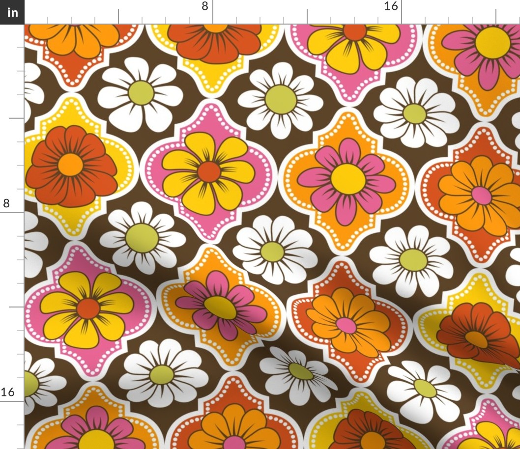 70s Retro Floral Quatrefoil // Fuchsia Pink, Orange, Yellow, Red, Green, Dark Brown, White // 400 DPI