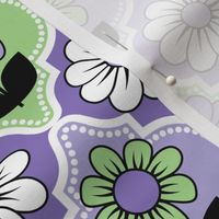 70s Retro Floral Quatrefoil // Purple, Lavender, Green, Blue, Black and White // V1 // 600 DPI