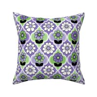 70s Retro Floral Quatrefoil // Purple, Lavender, Green, Blue, Black and White // V1 // 600 DPI