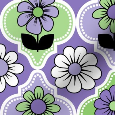 70s Retro Floral Quatrefoil // Purple, Lavender, Green, Blue, Black and White // V1 // 600 DPI