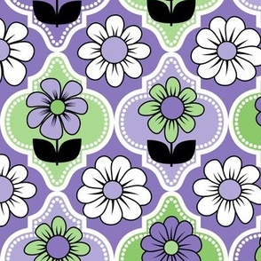 70s Retro Floral Quatrefoil // Purple, Lavender, Green, Blue, Black and White // V1 // 600 DPI