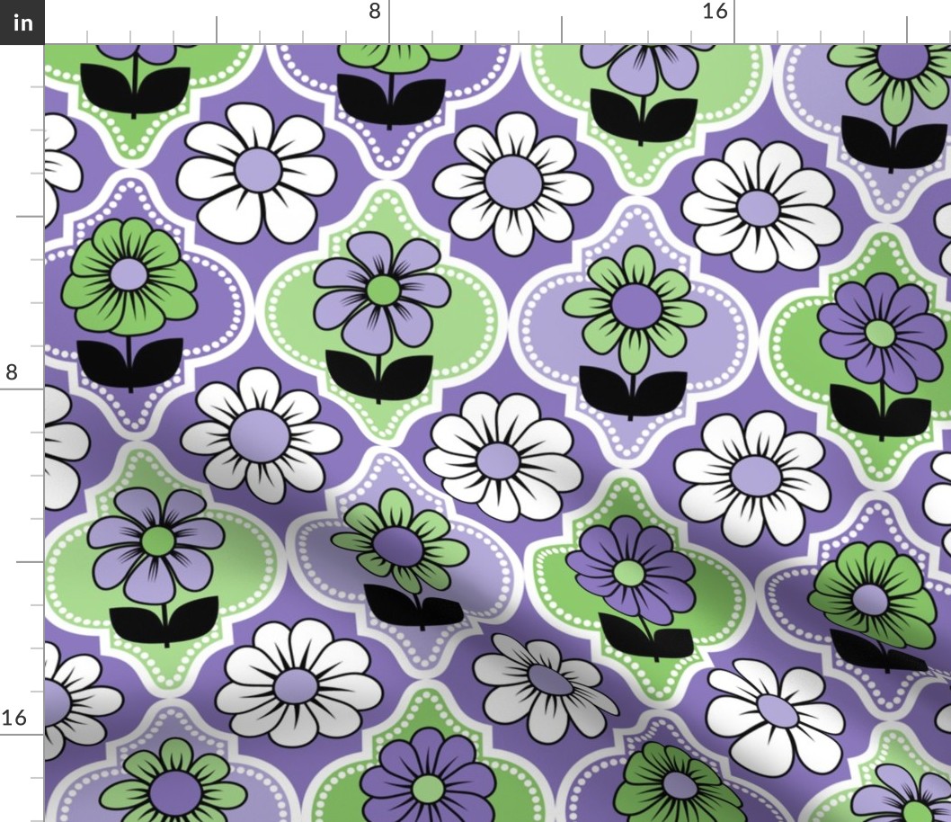 70s Retro Floral Quatrefoil // Purple, Lavender, Green, Blue, Black and White // V1 // 600 DPI
