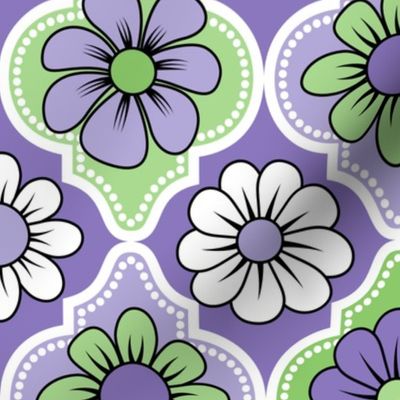 70s Retro Floral Quatrefoil // Purple, Lavender, Green, Black and White // V2 // 400 DPI