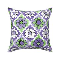 70s Retro Floral Quatrefoil // Purple, Lavender, Green, Black and White // V2 // 400 DPI