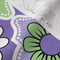 70s Retro Floral Quatrefoil // Purple, Lavender, Green, Black and White // V2 // 400 DPI