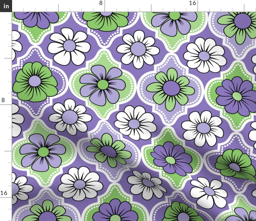 70s Retro Floral Quatrefoil // Purple, Lavender, Green, Black and White // V2 // 400 DPI